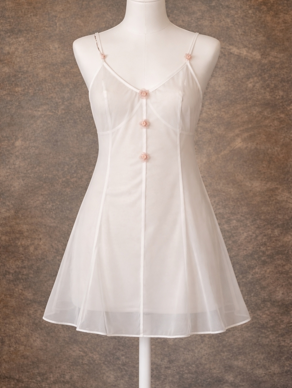 Sheer White Feminine Chemise with Pink Rosette Details